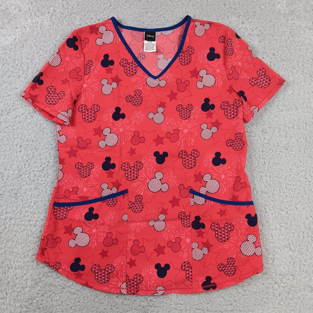 Disney Scrub Top Womens Small Red Mickey Mouse Star Print V-Neck WM21T745LD